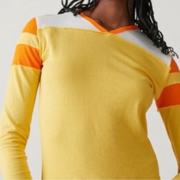 BDG Cole V-neck long sleeves tee yellow white orange trim top Sz M - Picture 1 of 8